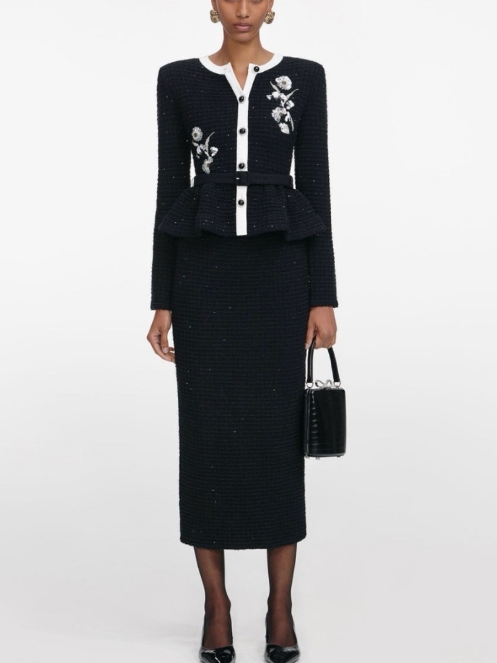 Self-Portrait Black Floral Textured Knit Midi Dress